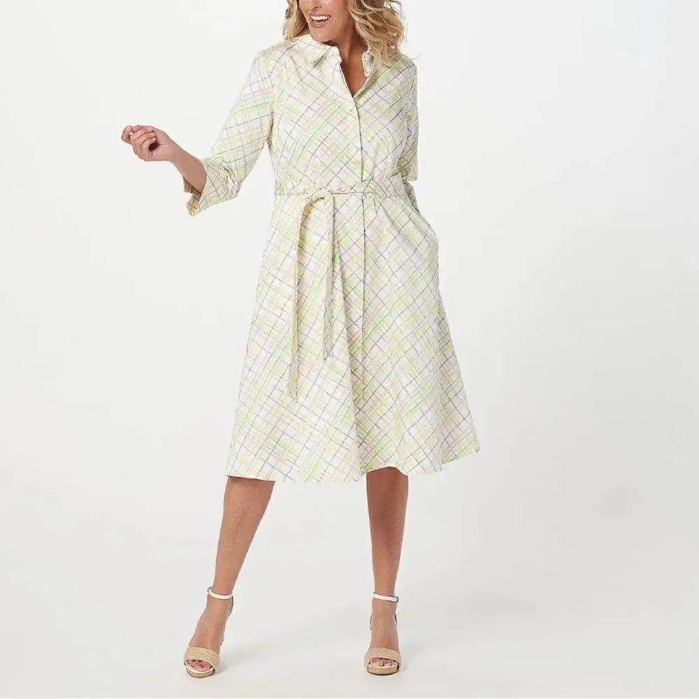 Isaac Mizrahi Live! Plaid Printed Stretch Satin Shirt Dress